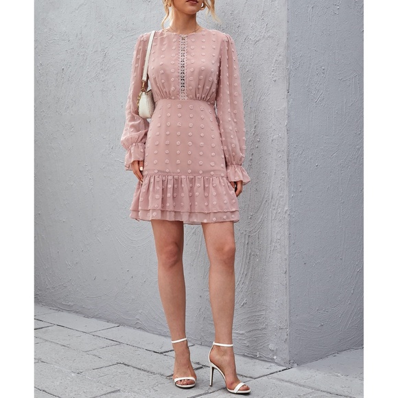 Dusty Pink Lace Insert Swiss Dot Layered Dress - Picture 5 of 6